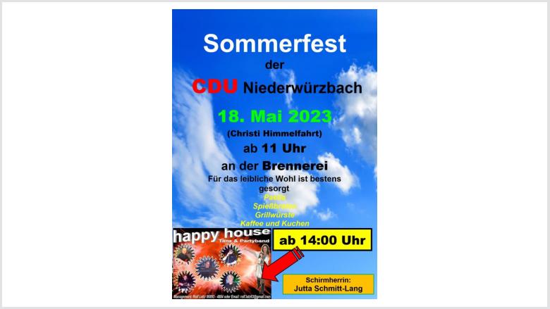 CDU Niederwürzbach lädt wieder zum Sommerfest ein! Ab 14 Uhr spielt die Happy House! CDU Niederwürzbach lädt wieder zum Sommerfest ein! Ab 14 Uhr spielt die Happy House!
