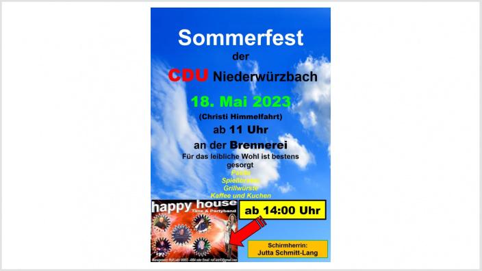 CDU Niederwürzbach lädt wieder zum Sommerfest ein! Ab 14 Uhr spielt die Happy House!